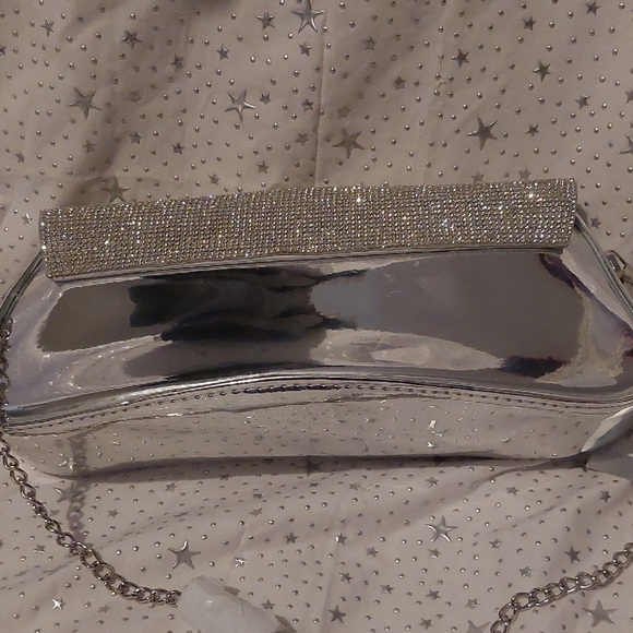 Nina Crystal Flap Mirror Metallic Patent Clutch Bag - Silver - Picture 6 of 8